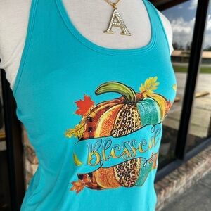 Blue Fitted Graphic Tank Top with Orange Accents